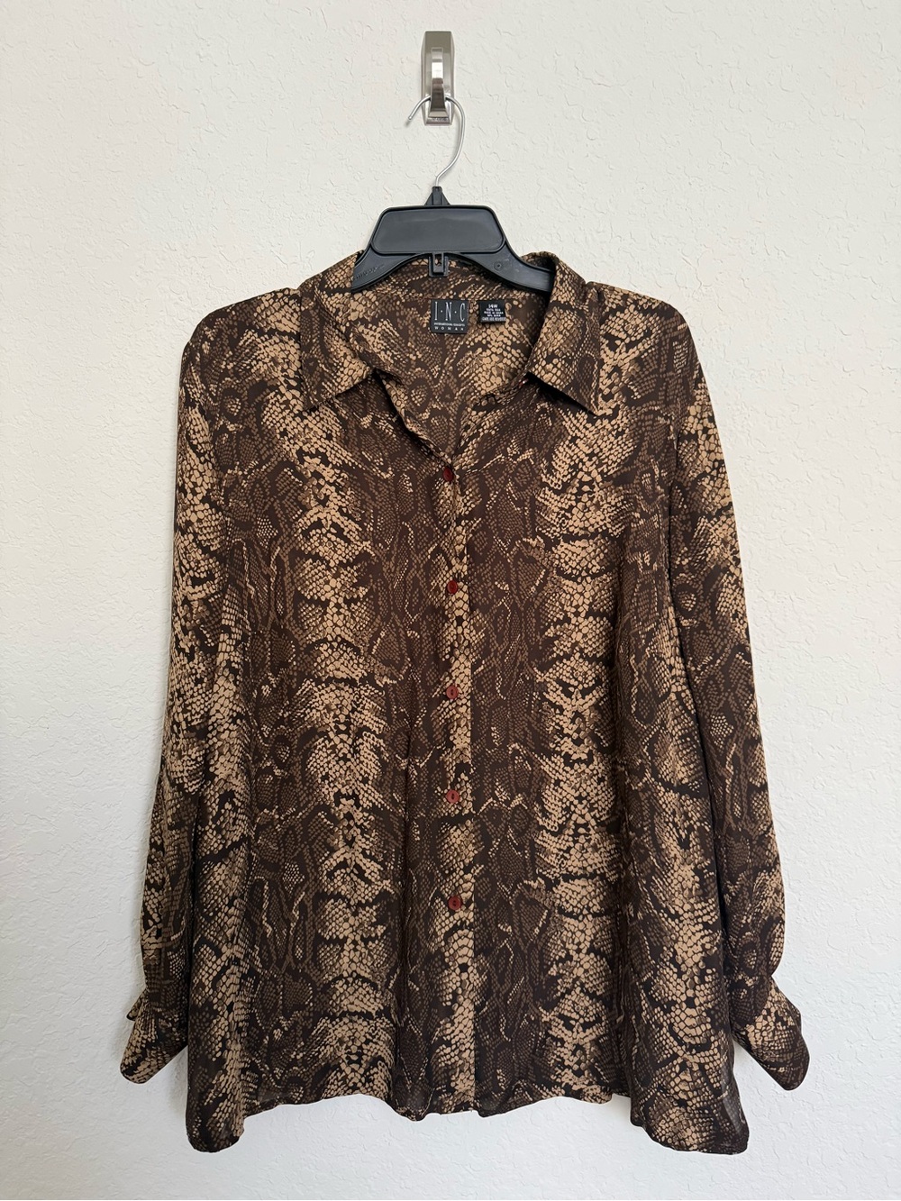 INC International Concepts Brown Silk Snakeskin Button Up Blouse 14W Office Chic